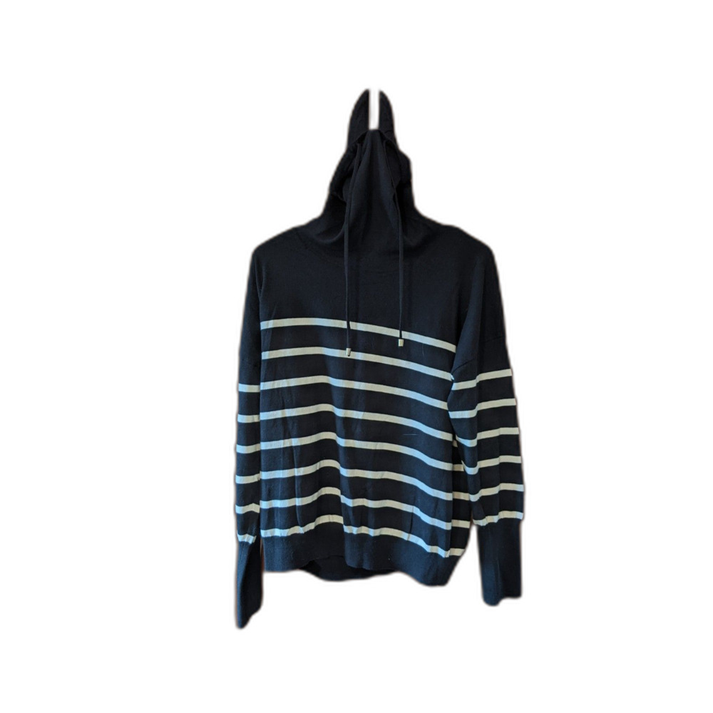 Max Studio Stripe Sweater Black White Funnel Neck Drawstring Sz XL Dark Academia